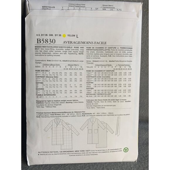 Butterick Misses Adult Child Robe Sewing Pattern Sz Child 3-8 Adult S-XL - uncut - Picture 2 of 4